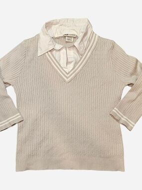 Y2K Faded Glory Cream Cable Knit V-Neck Sweater with White Collar